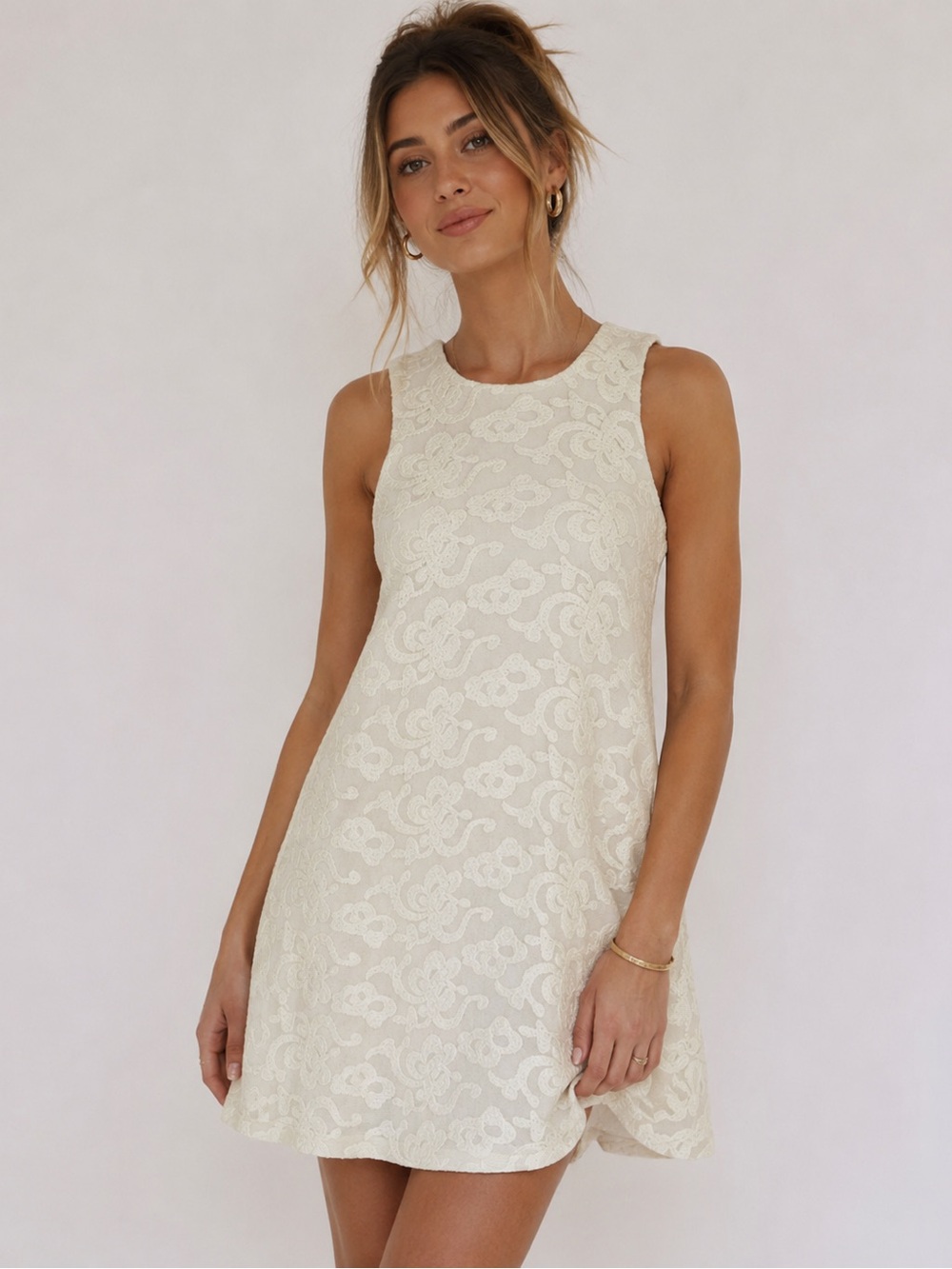 J.O.A Ivory White Floral Lace A line Sleeveless Babydoll Mini Dress size Small